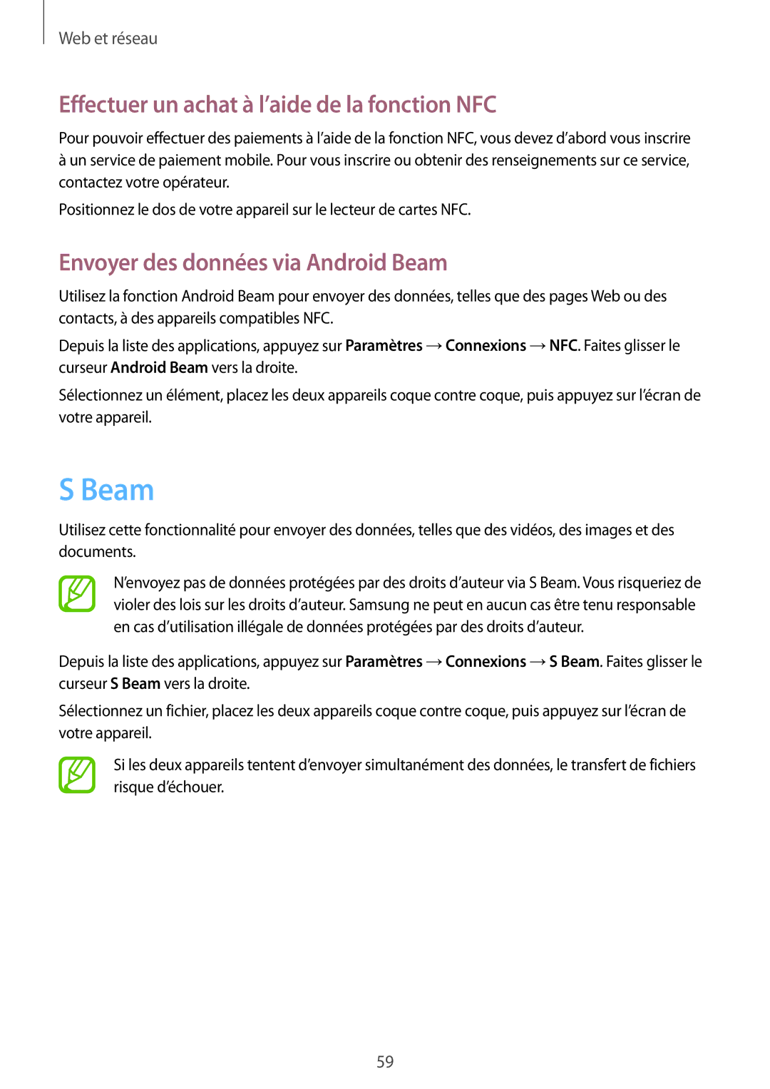 Samsung GT-S7275HKAXEF manual Effectuer un achat à l’aide de la fonction NFC, Envoyer des données via Android Beam 