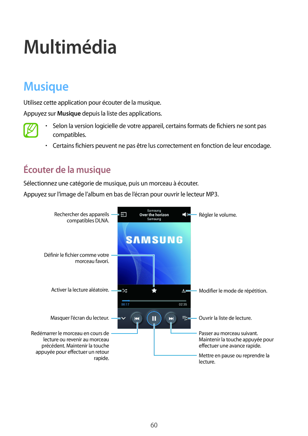 Samsung GT-S7275UWNXEF, GT-S7275HKNXEF, GT-S7275HKNFTM, GT-S7275UWAXEF manual Multimédia, Musique, Écouter de la musique 