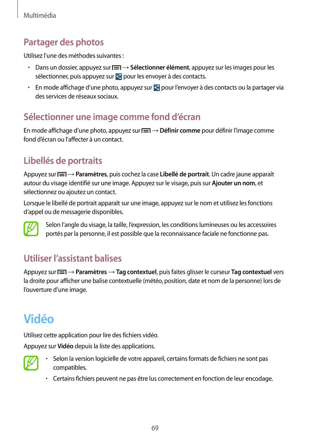 Samsung GT-S7275HKNBOG, GT-S7275HKNXEF manual Vidéo, Sélectionner une image comme fond d’écran, Libellés de portraits 