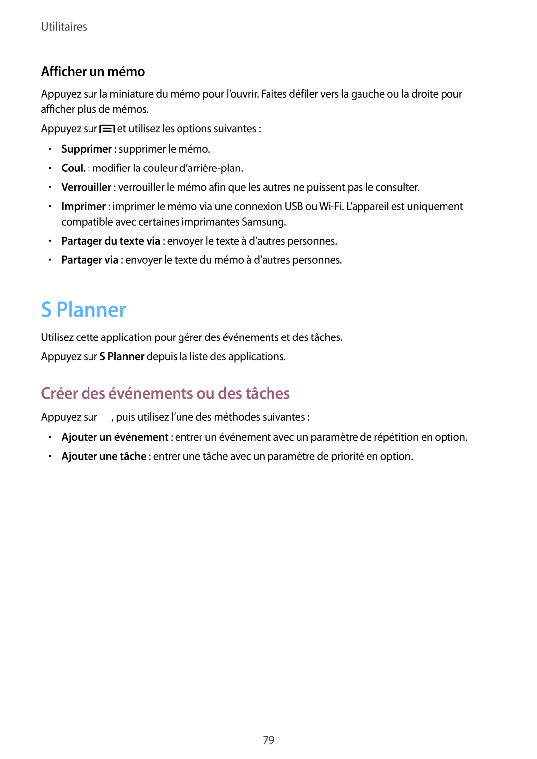 Samsung GT-S7275UWAXEF, GT-S7275HKNXEF, GT-S7275HKNFTM manual Planner, Créer des événements ou des tâches, Afficher un mémo 