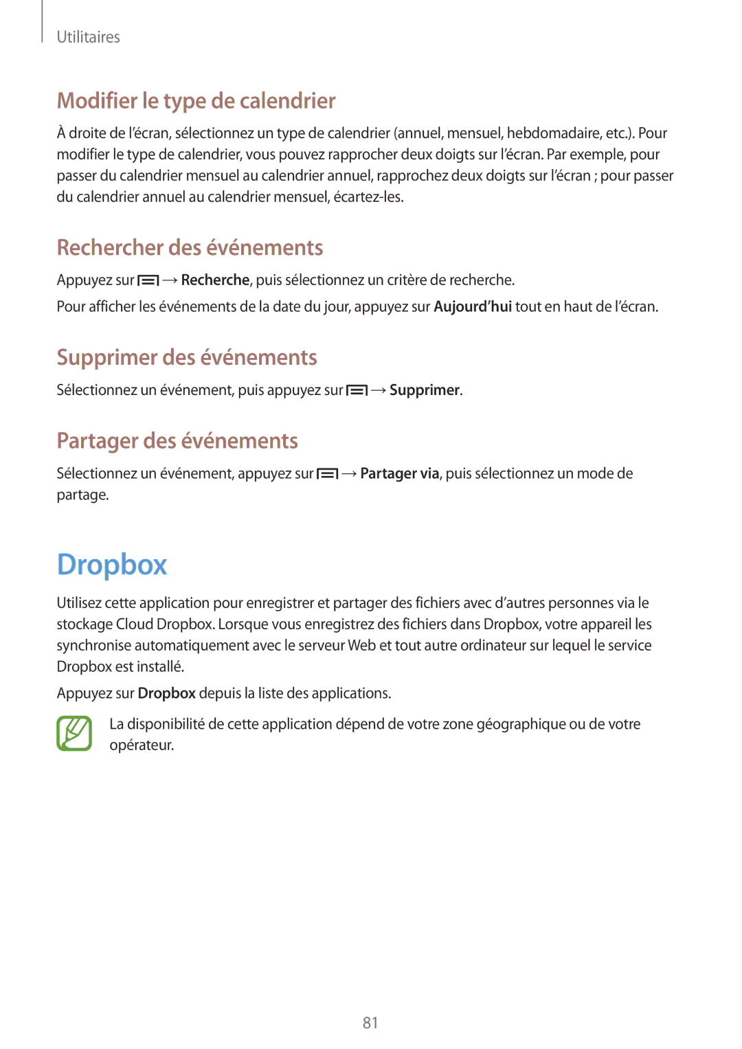 Samsung GT-S7275UWNXEF manual Dropbox, Modifier le type de calendrier, Rechercher des événements, Supprimer des événements 