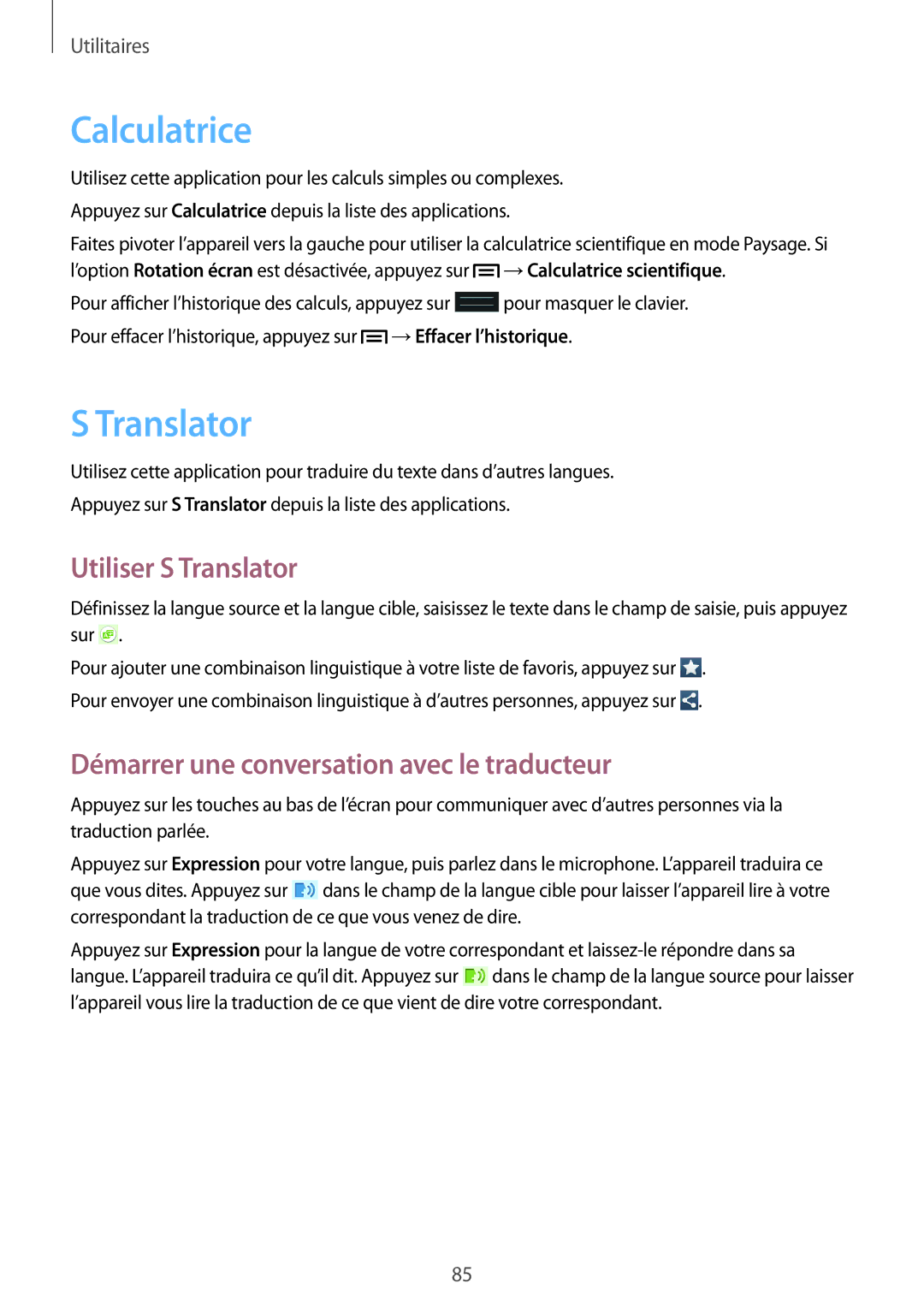 Samsung GT-S7275HKNFTM manual Calculatrice, Utiliser S Translator, Démarrer une conversation avec le traducteur 