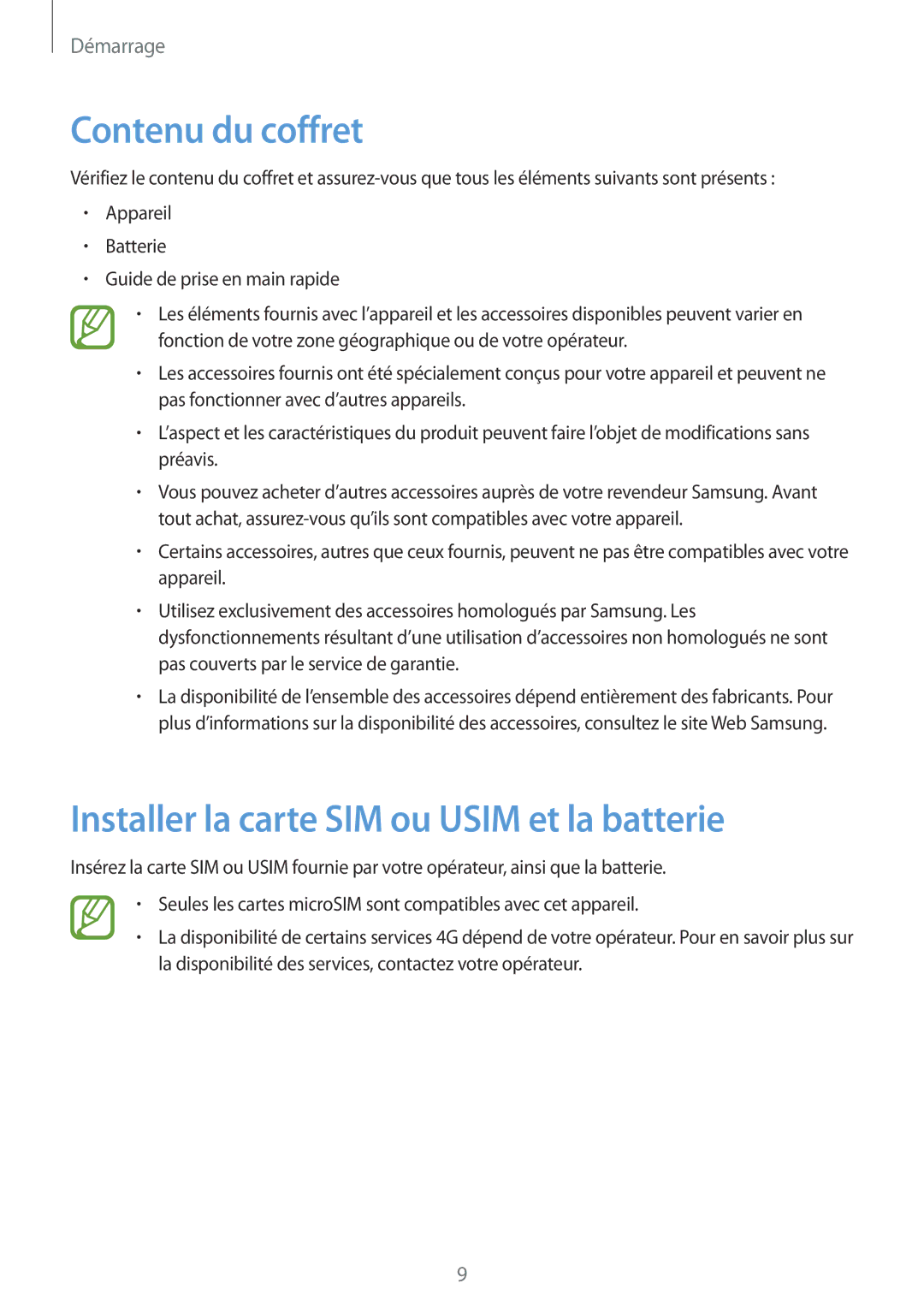 Samsung GT-S7275UWAXEF, GT-S7275HKNXEF, GT-S7275HKNFTM Contenu du coffret, Installer la carte SIM ou Usim et la batterie 