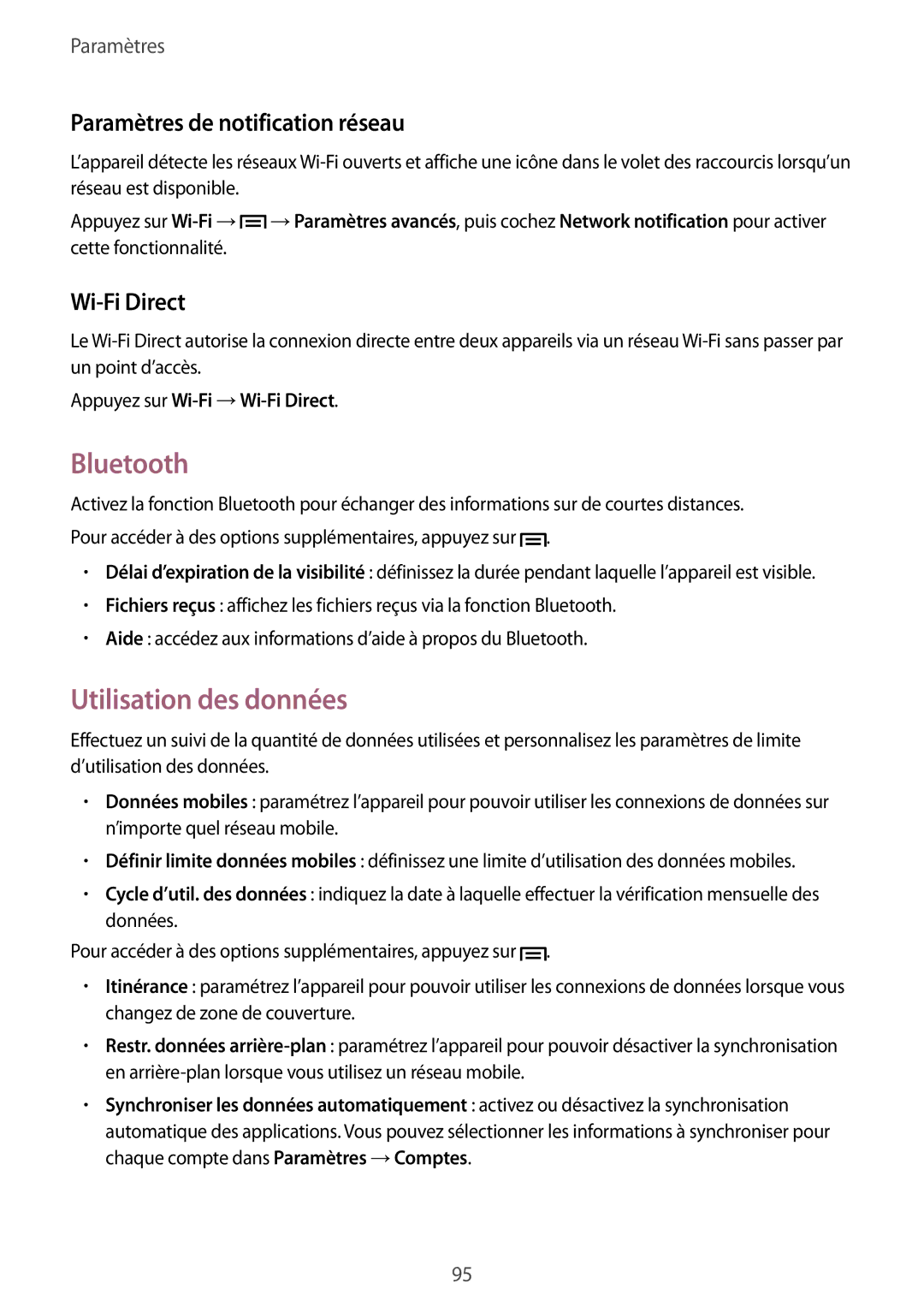 Samsung GT-S7275UWNXEF, GT-S7275HKNXEF Bluetooth, Utilisation des données, Paramètres de notification réseau, Wi-Fi Direct 