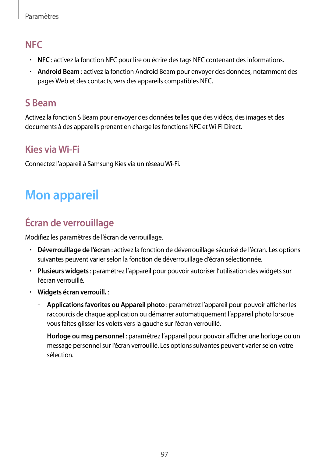 Samsung GT-S7275HKNBOG, GT-S7275HKNXEF Mon appareil, Beam, Kies via Wi-Fi, Écran de verrouillage, Widgets écran verrouill 