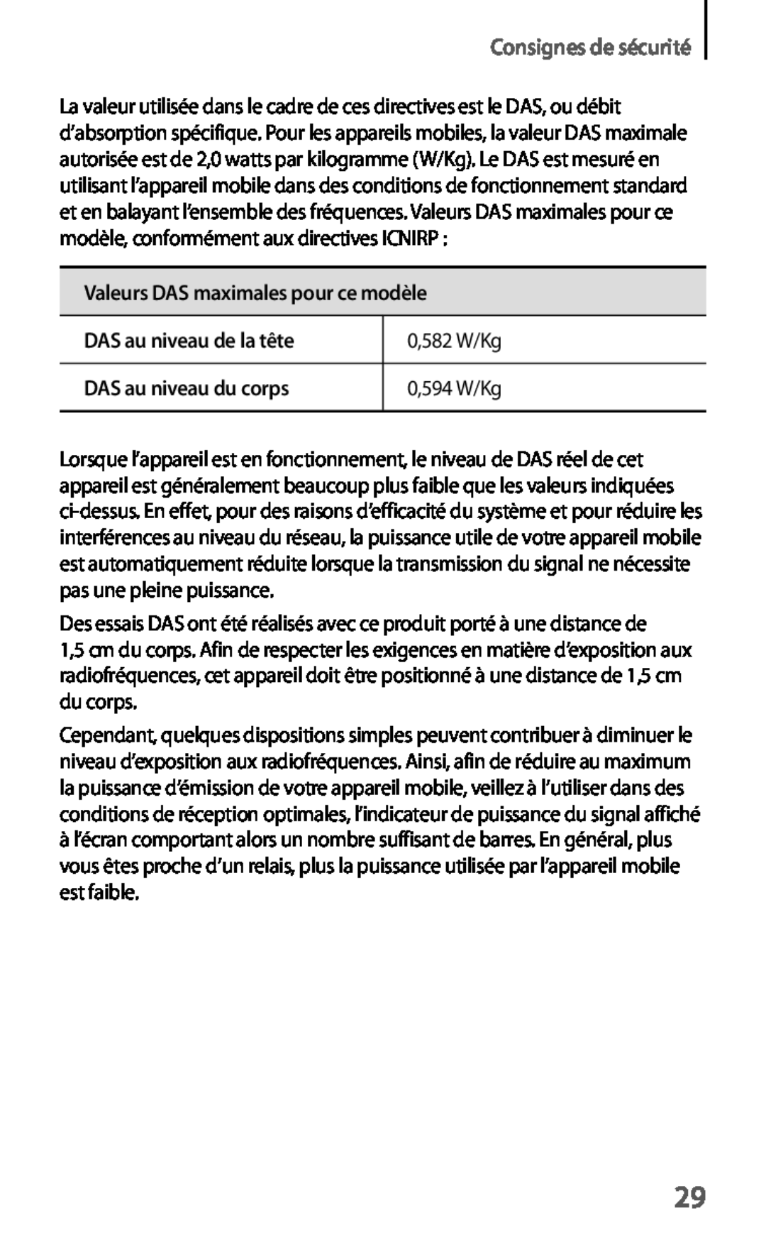 Samsung GT-S7275HKNFTM Consignes de sécurité, Valeurs DAS maximales pour ce modèle, DAS au niveau de la tête, 0,582 W/Kg 