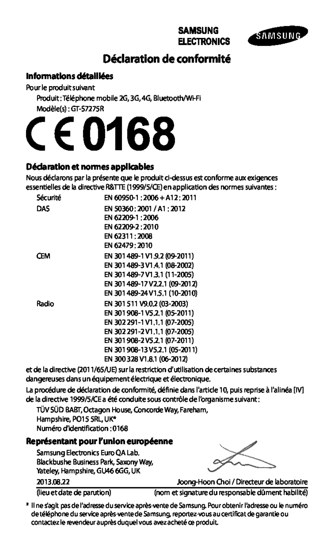 Samsung GT-S7275UWNBOG manual Déclaration de conformité, Informations détaillées, Déclaration et normes applicables 
