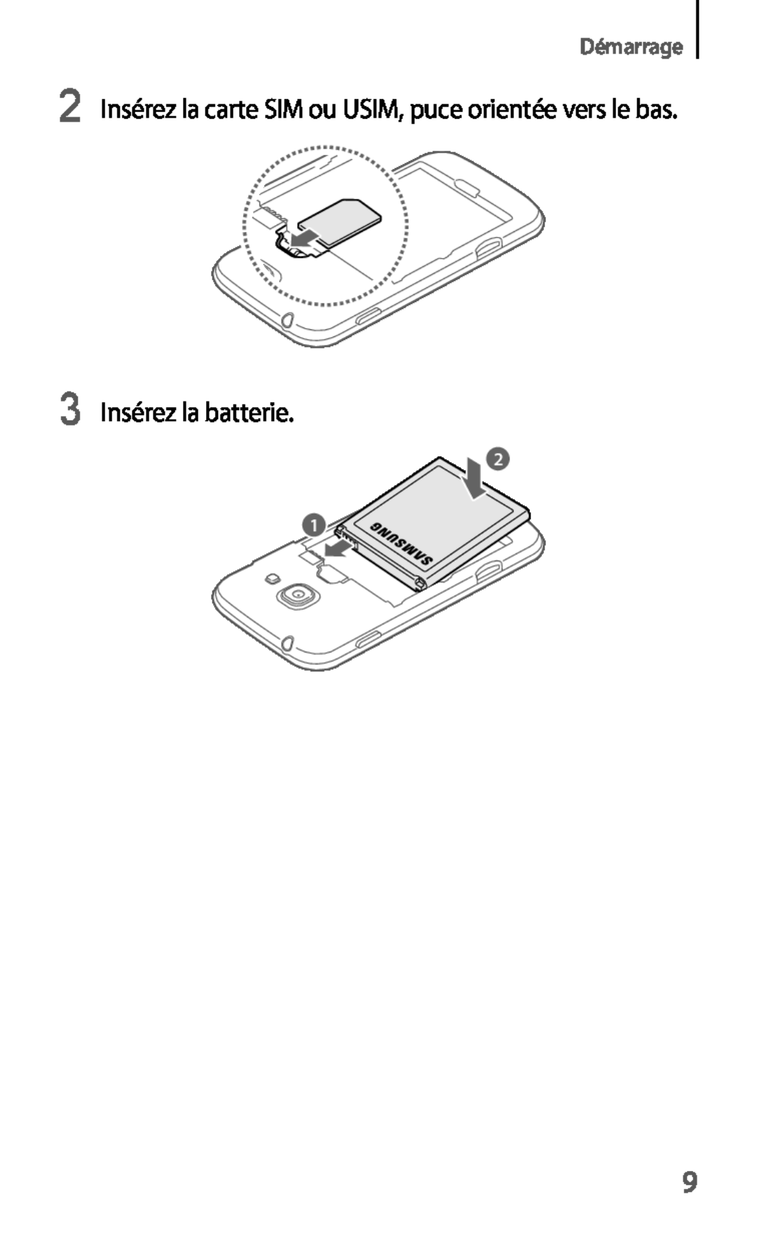Samsung GT-S7275UWAXEF manual Insérez la batterie, Insérez la carte SIM ou USIM, puce orientée vers le bas, Démarrage 