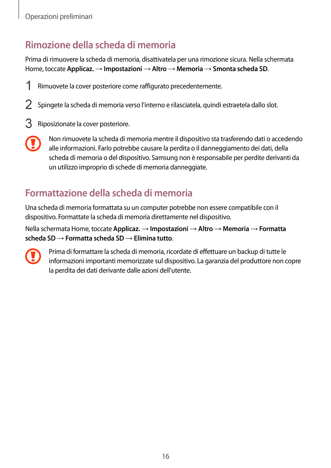 Samsung GT-S7275HKNTIM, GT-S7275UWNPLS manual Rimozione della scheda di memoria, Formattazione della scheda di memoria 