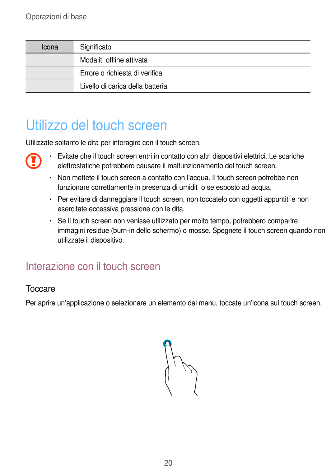 Samsung GT-S7275UWNTIM, GT-S7275UWNPLS, GT-S7275HKNTIM Utilizzo del touch screen, Interazione con il touch screen, Toccare 