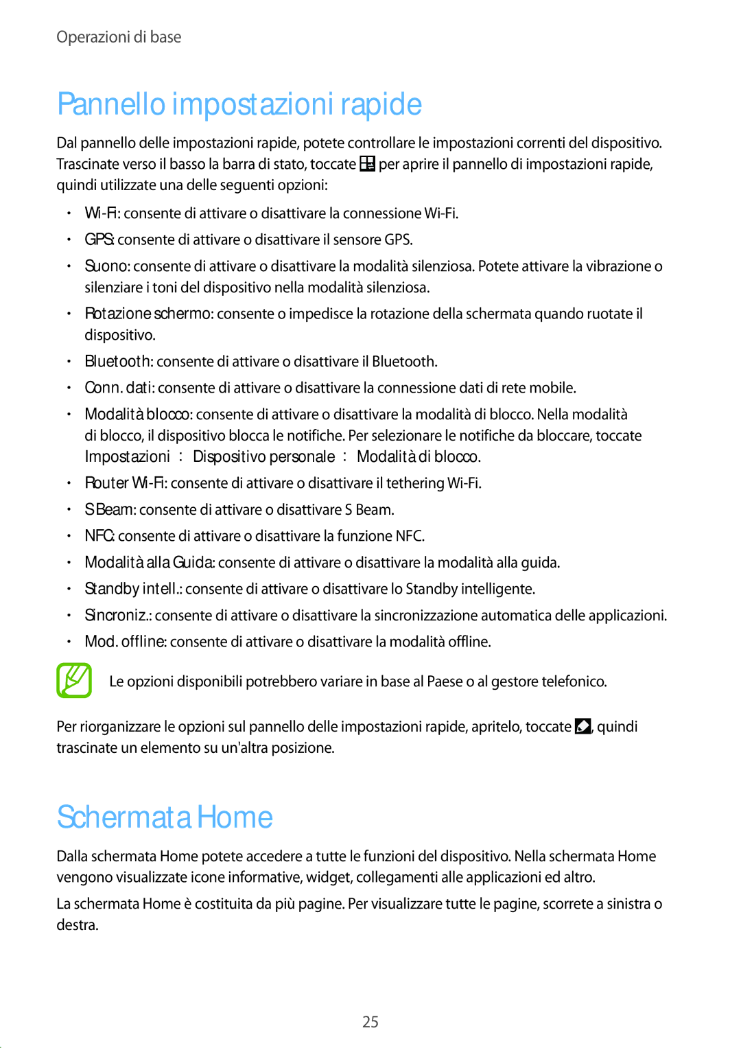 Samsung GT-S7275HKNTIM, GT-S7275UWNPLS, GT-S7275UWNTIM manual Pannello impostazioni rapide, Schermata Home 