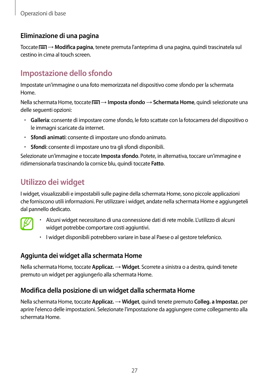 Samsung GT-S7275UWNPLS, GT-S7275HKNTIM manual Impostazione dello sfondo, Utilizzo dei widget, Eliminazione di una pagina 