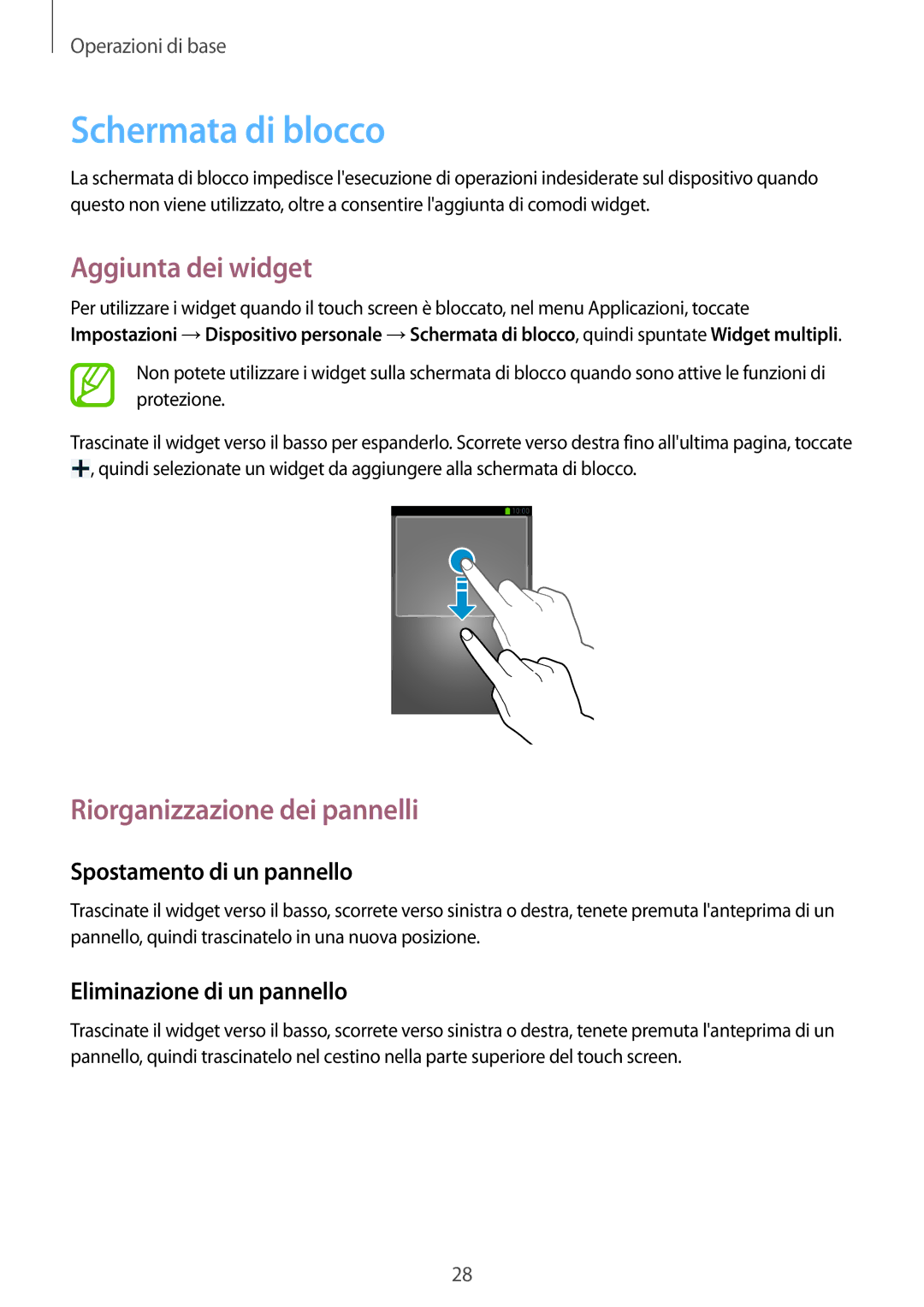 Samsung GT-S7275HKNTIM Schermata di blocco, Aggiunta dei widget, Riorganizzazione dei pannelli, Spostamento di un pannello 