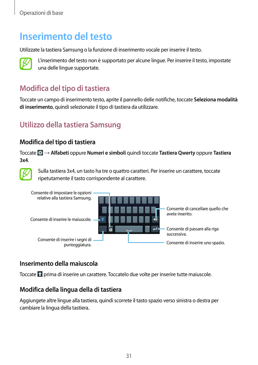 Samsung GT-S7275HKNTIM manual Inserimento del testo, Modifica del tipo di tastiera, Utilizzo della tastiera Samsung 