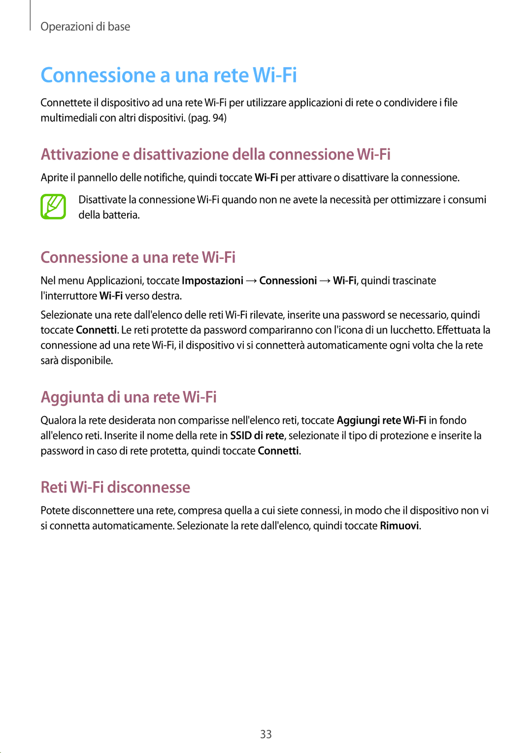 Samsung GT-S7275UWNPLS, GT-S7275HKNTIM Connessione a una rete Wi-Fi, Attivazione e disattivazione della connessione Wi-Fi 