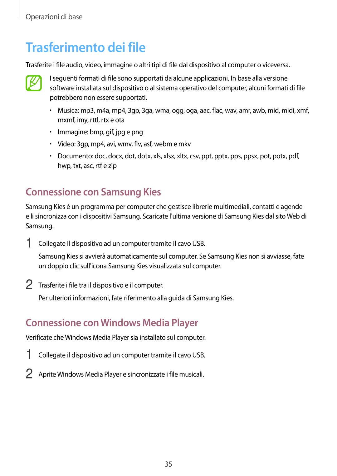 Samsung GT-S7275UWNTIM manual Trasferimento dei file, Connessione con Samsung Kies, Connessione con Windows Media Player 