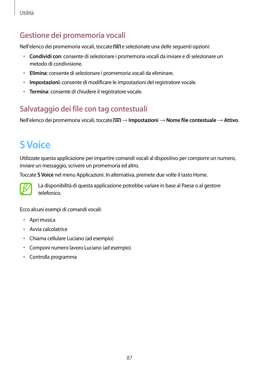 Samsung GT-S7275UWNPLS, GT-S7275HKNTIM Voice, Gestione dei promemoria vocali, Salvataggio dei file con tag contestuali 