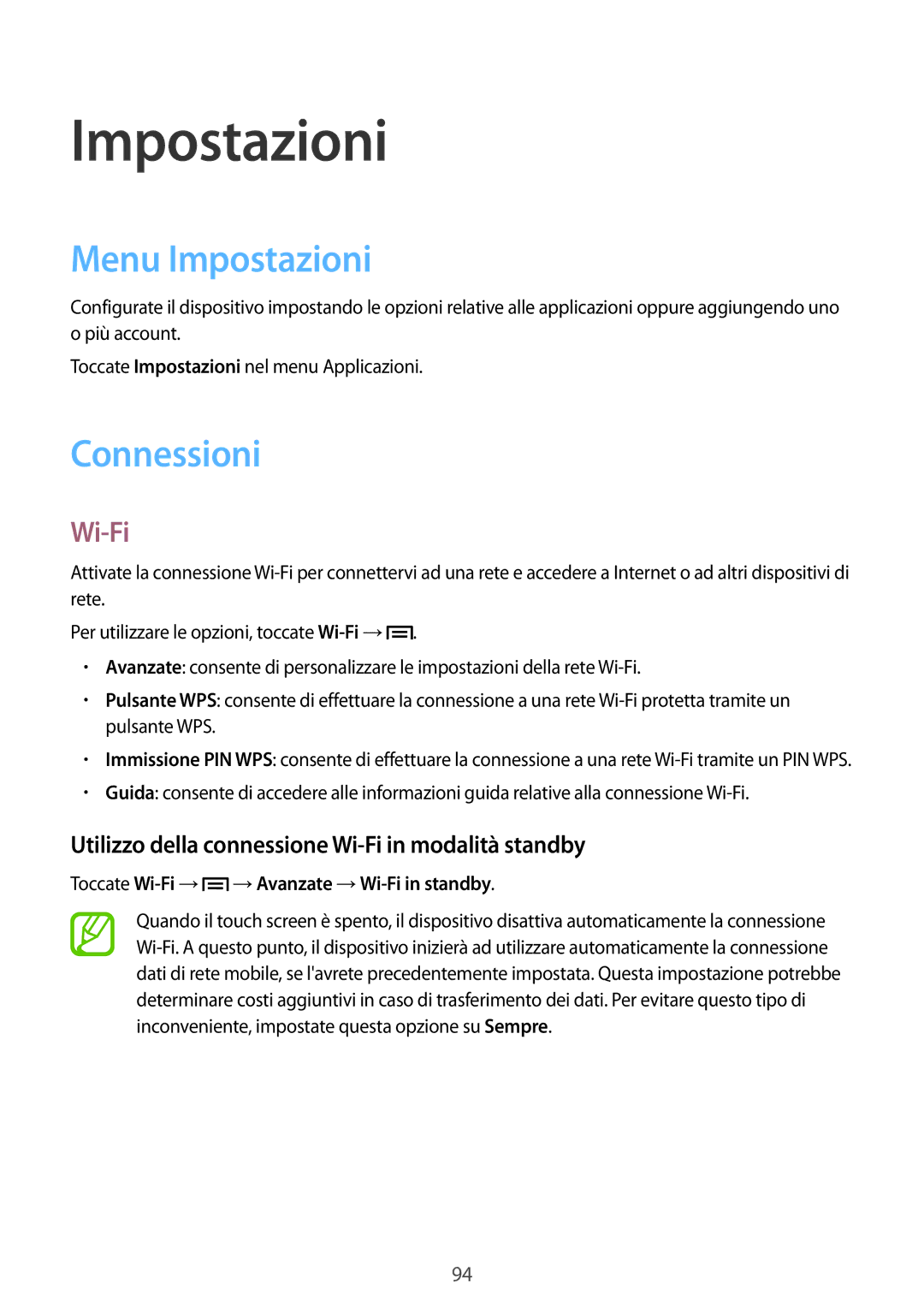 Samsung GT-S7275HKNTIM manual Menu Impostazioni, Connessioni, Utilizzo della connessione Wi-Fi in modalità standby 