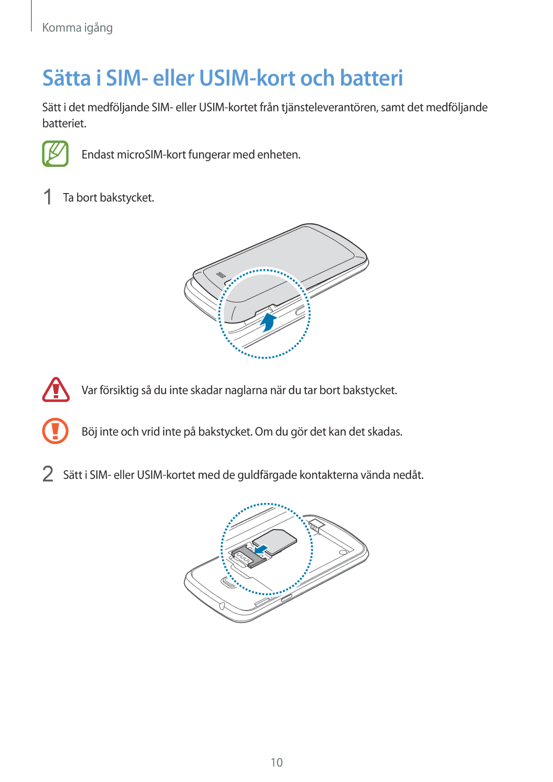 Samsung GT-S7390RWANEE, GT-S7390MKANEE, GT-S7390WRANEE manual Sätta i SIM- eller USIM-kort och batteri 