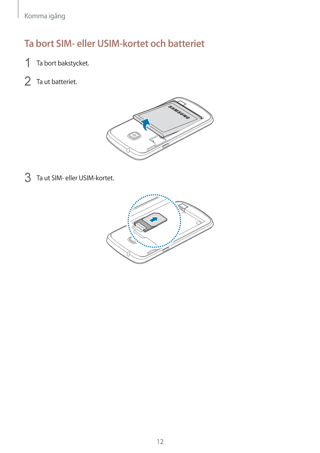 Samsung GT-S7390MKANEE, GT-S7390RWANEE, GT-S7390WRANEE manual Ta bort SIM- eller USIM-kortet och batteriet 