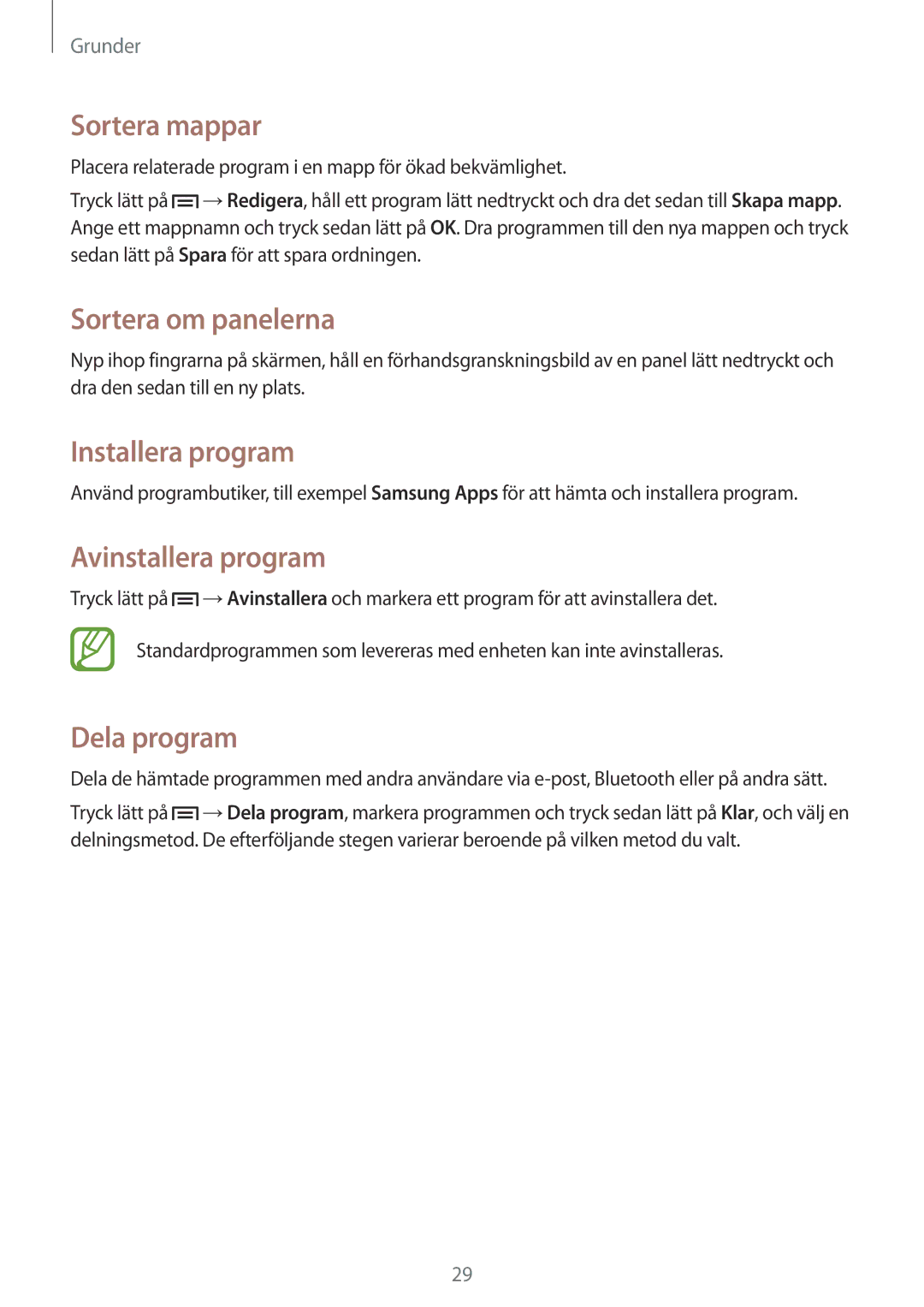Samsung GT-S7390WRANEE, GT-S7390MKANEE manual Sortera mappar, Installera program, Avinstallera program, Dela program 