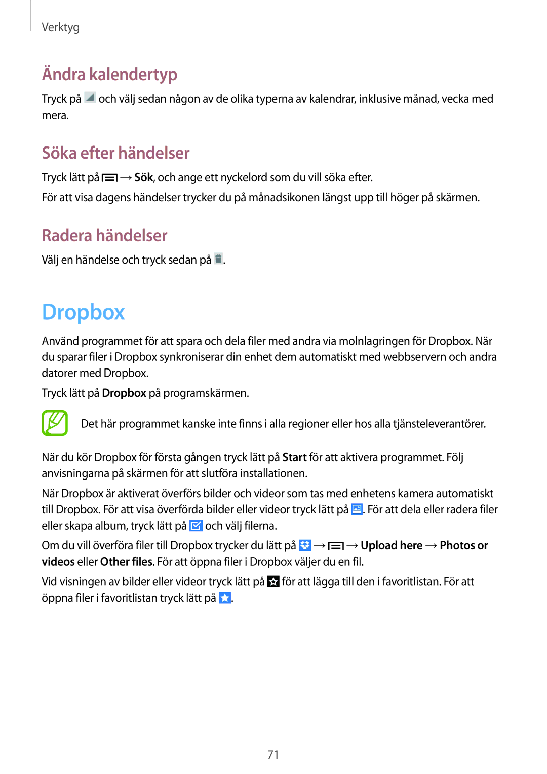 Samsung GT-S7390WRANEE, GT-S7390MKANEE, GT-S7390RWANEE Dropbox, Ändra kalendertyp, Söka efter händelser, Radera händelser 