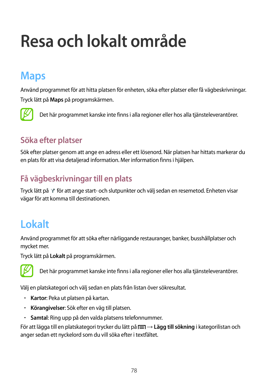 Samsung GT-S7390MKANEE manual Resa och lokalt område, Maps, Lokalt, Söka efter platser, Få vägbeskrivningar till en plats 