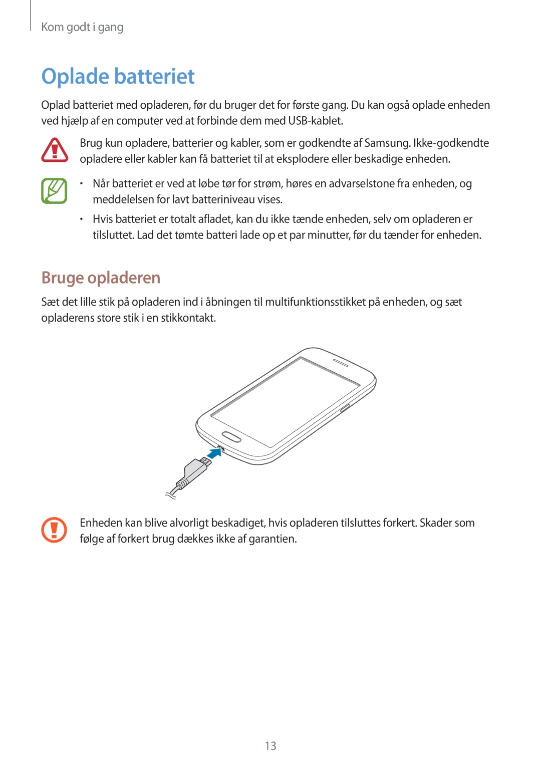 Samsung GT-S7390RWANEE, GT-S7390MKANEE, GT-S7390WRANEE manual Oplade batteriet, Bruge opladeren 