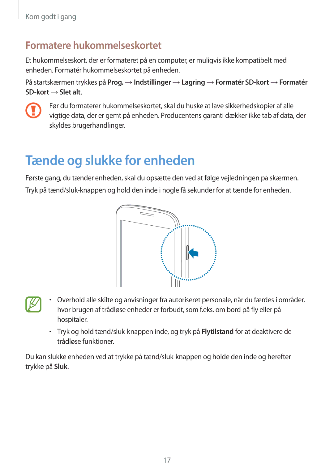 Samsung GT-S7390WRANEE, GT-S7390MKANEE, GT-S7390RWANEE manual Tænde og slukke for enheden, Formatere hukommelseskortet 