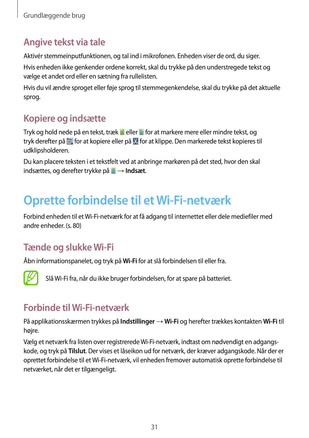 Samsung GT-S7390RWANEE manual Oprette forbindelse til et Wi-Fi-netværk, Angive tekst via tale, Kopiere og indsætte 