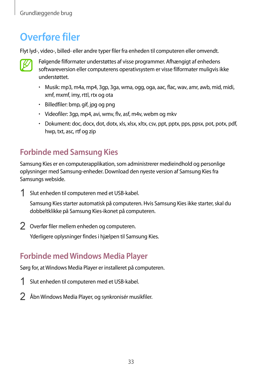 Samsung GT-S7390MKANEE, GT-S7390RWANEE manual Overføre filer, Forbinde med Samsung Kies, Forbinde med Windows Media Player 