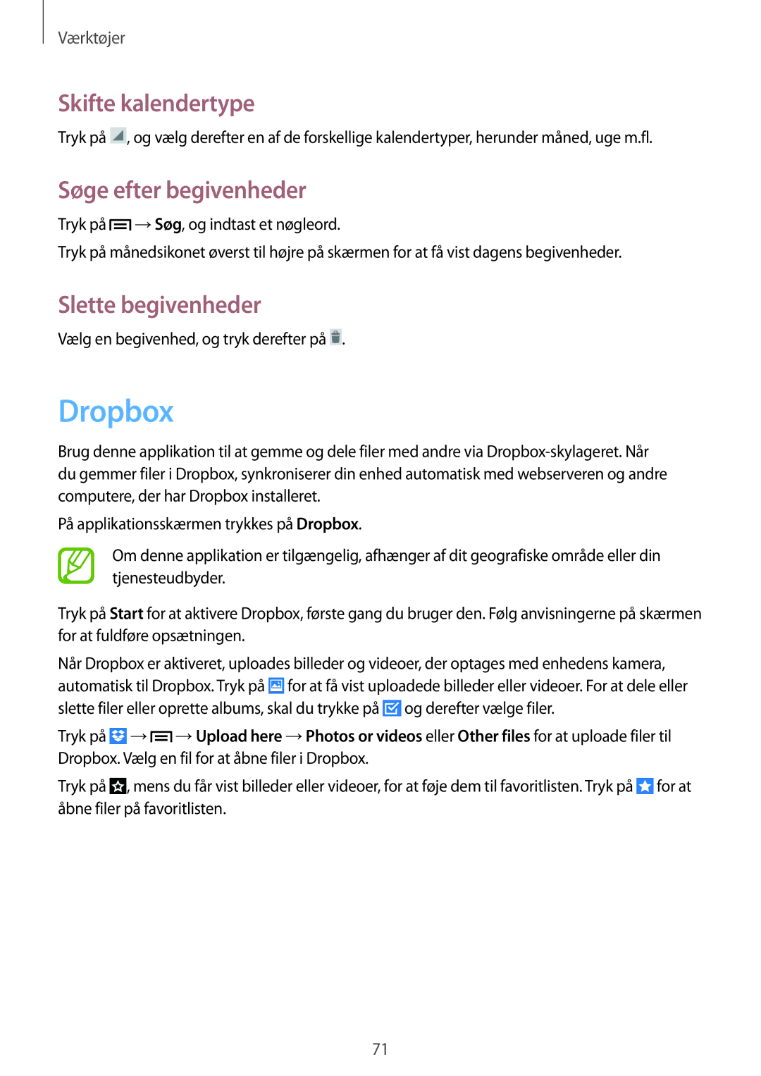 Samsung GT-S7390WRANEE, GT-S7390MKANEE manual Dropbox, Skifte kalendertype, Søge efter begivenheder, Slette begivenheder 