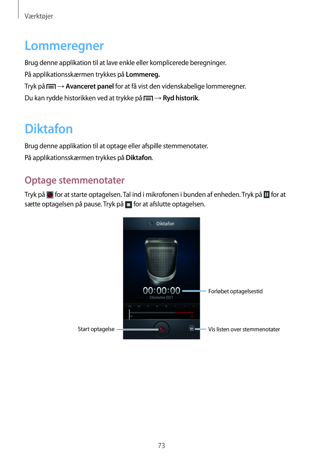 Samsung GT-S7390RWANEE, GT-S7390MKANEE, GT-S7390WRANEE manual Lommeregner, Diktafon, Optage stemmenotater 