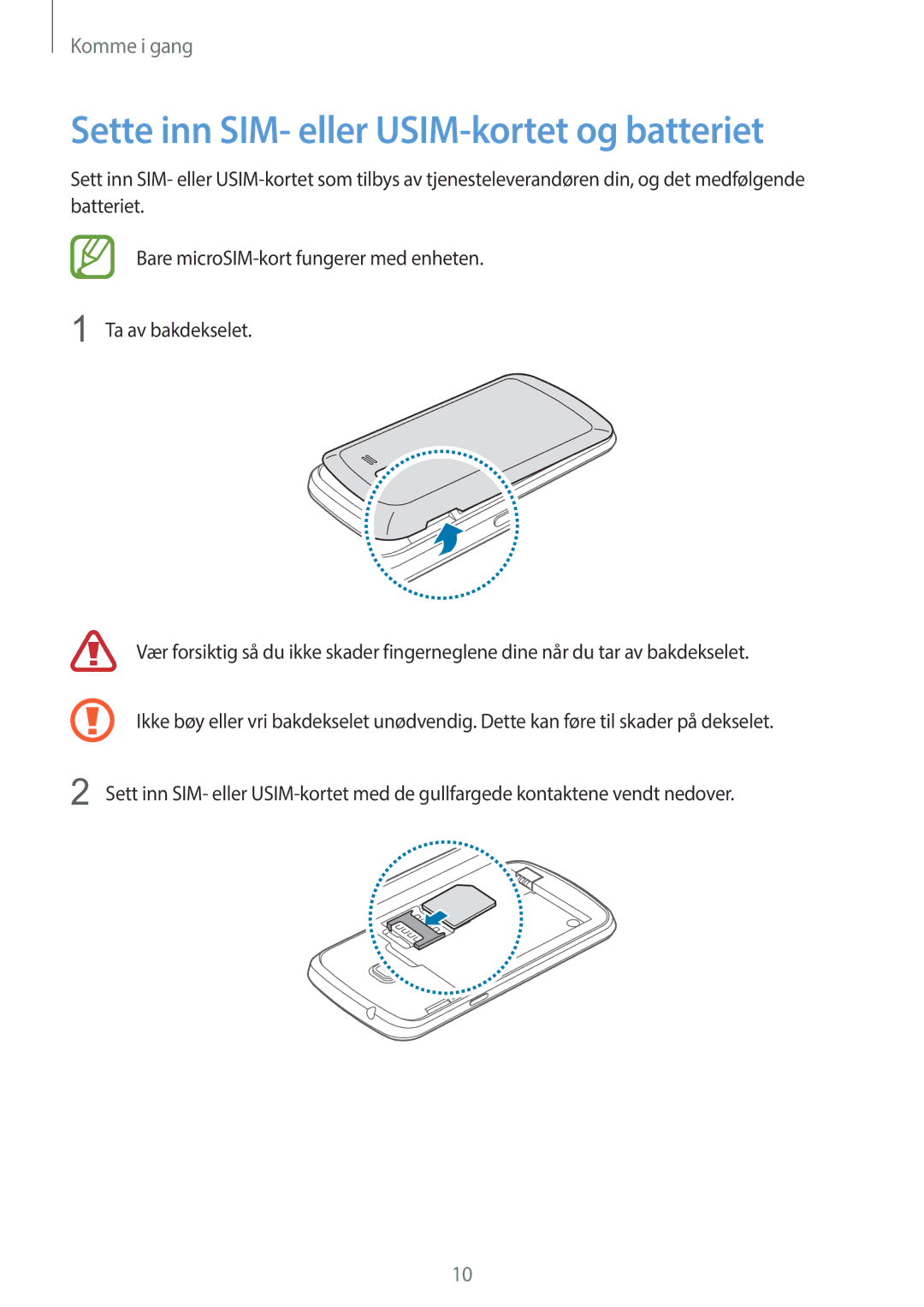 Samsung GT-S7390RWANEE, GT-S7390MKANEE, GT-S7390WRANEE manual Sette inn SIM- eller USIM-kortet og batteriet 