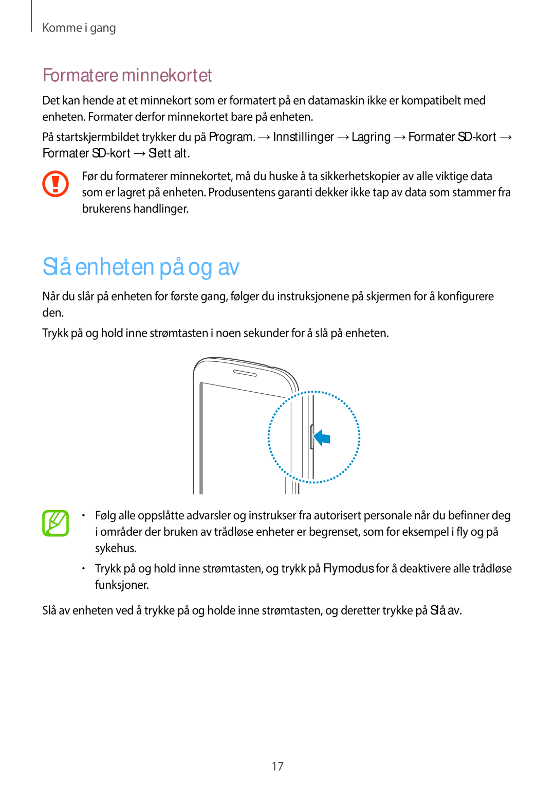 Samsung GT-S7390WRANEE, GT-S7390MKANEE, GT-S7390RWANEE manual Slå enheten på og av, Formatere minnekortet 