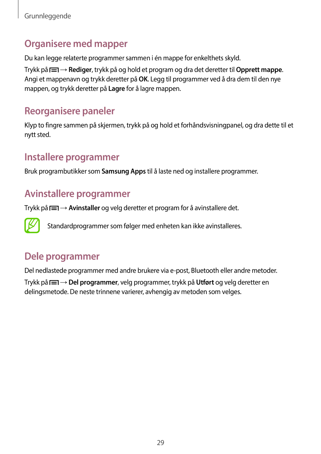 Samsung GT-S7390WRANEE manual Organisere med mapper, Installere programmer, Avinstallere programmer, Dele programmer 
