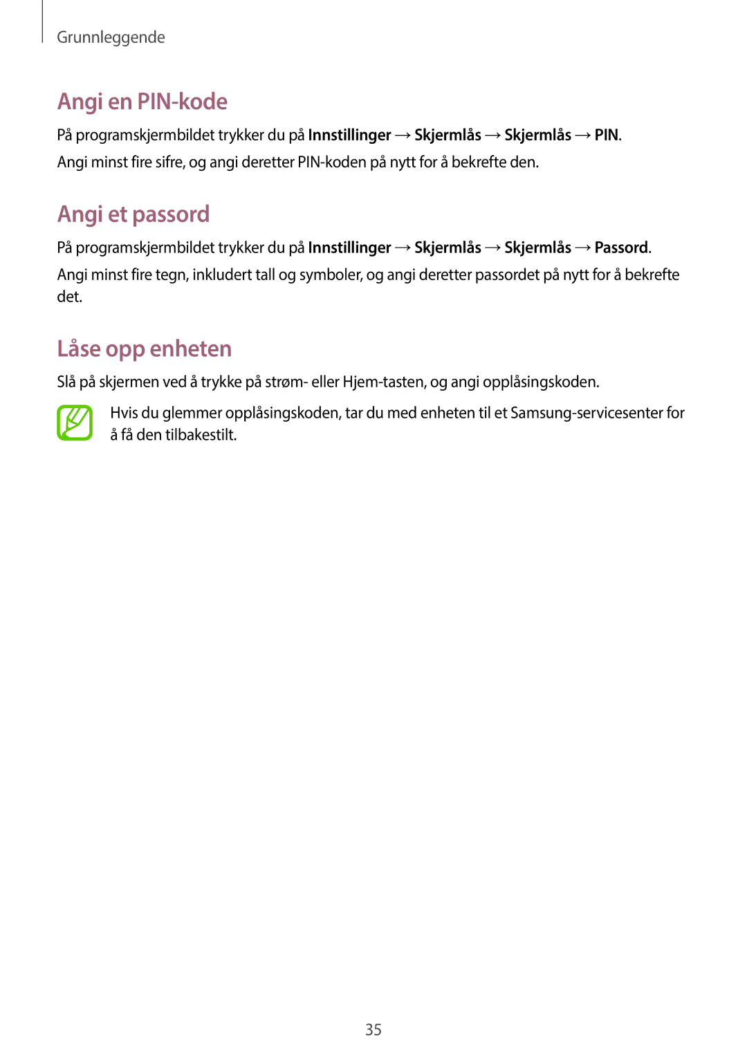 Samsung GT-S7390WRANEE, GT-S7390MKANEE, GT-S7390RWANEE manual Angi en PIN-kode, Angi et passord, Låse opp enheten 