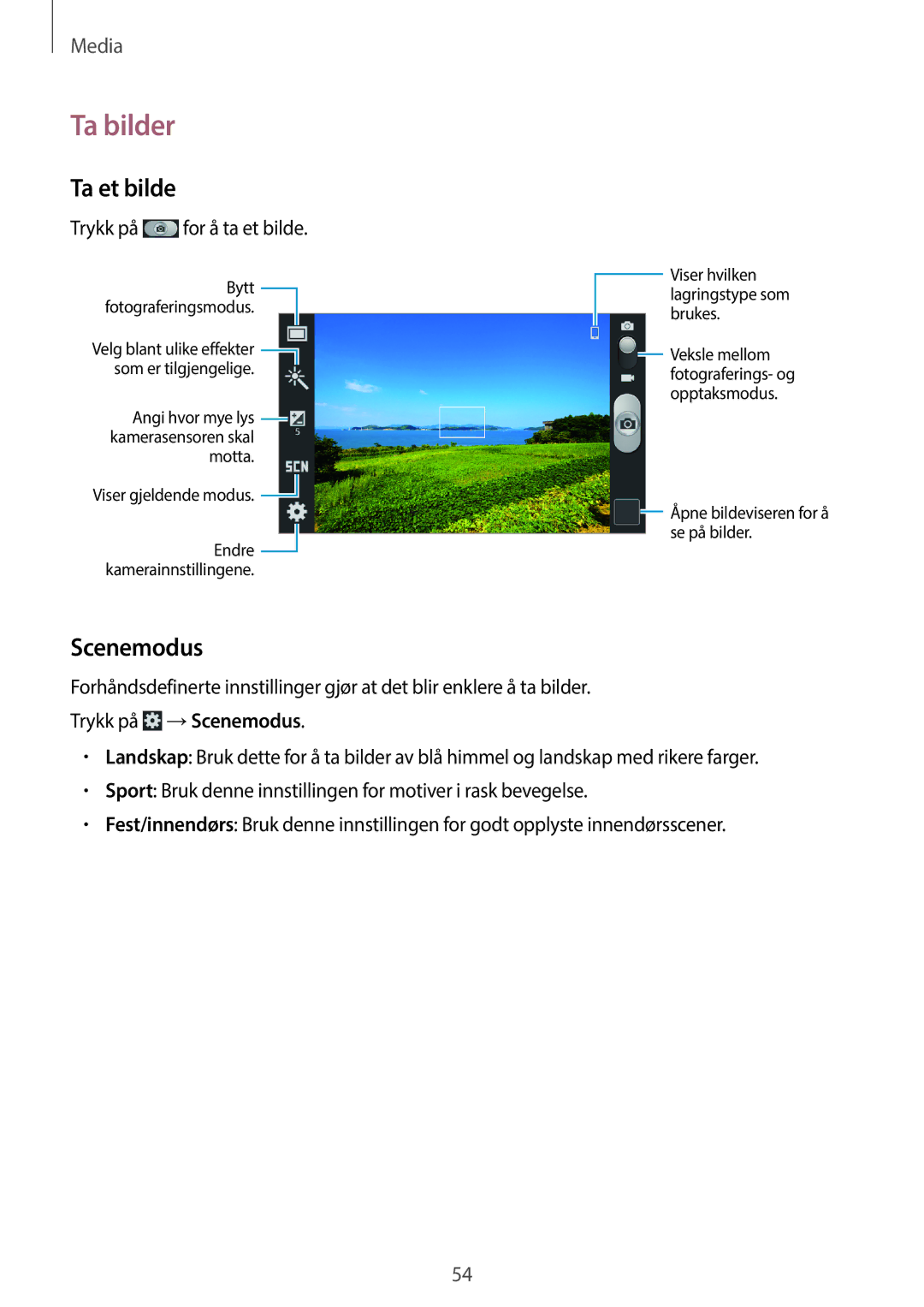 Samsung GT-S7390MKANEE, GT-S7390RWANEE, GT-S7390WRANEE manual Ta bilder, Ta et bilde, Scenemodus 