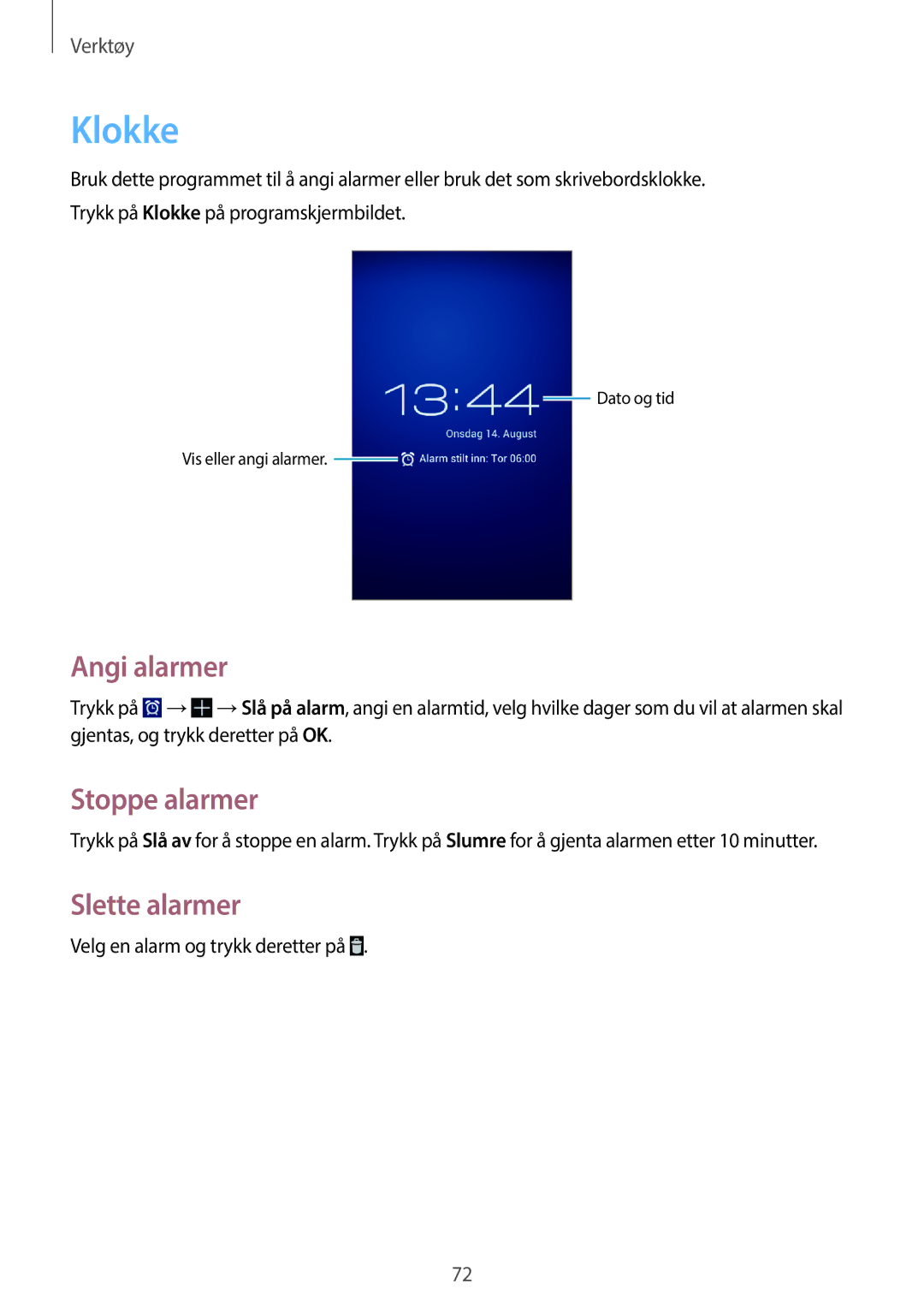 Samsung GT-S7390MKANEE, GT-S7390RWANEE, GT-S7390WRANEE manual Klokke, Angi alarmer, Stoppe alarmer, Slette alarmer 