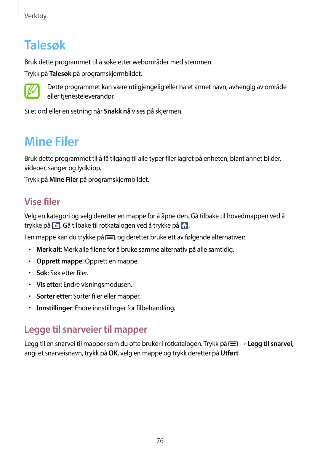 Samsung GT-S7390RWANEE, GT-S7390MKANEE, GT-S7390WRANEE manual Talesøk, Mine Filer, Vise filer, Legge til snarveier til mapper 
