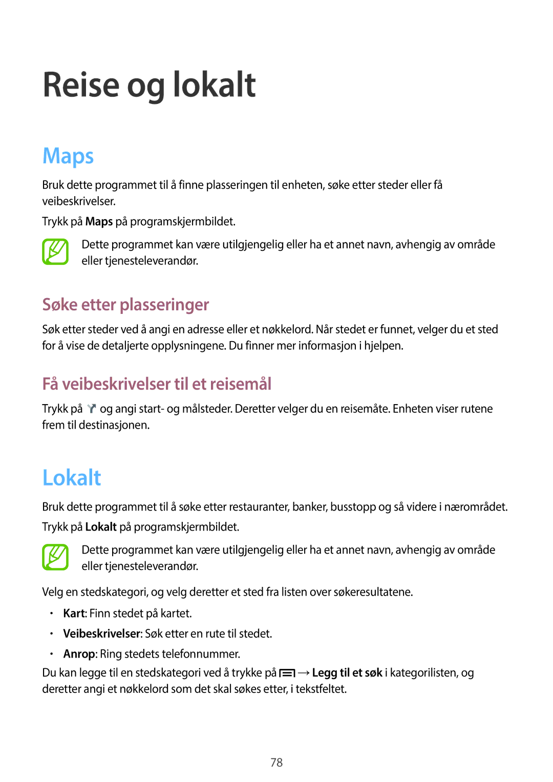 Samsung GT-S7390MKANEE manual Reise og lokalt, Maps, Lokalt, Søke etter plasseringer, Få veibeskrivelser til et reisemål 