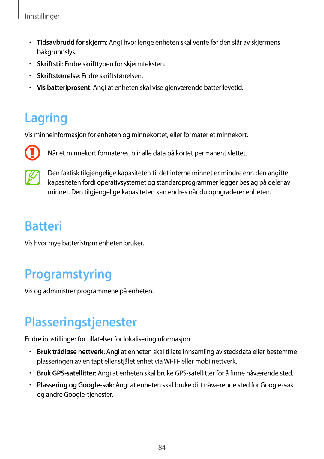 Samsung GT-S7390MKANEE, GT-S7390RWANEE, GT-S7390WRANEE manual Lagring, Batteri, Programstyring, Plasseringstjenester 