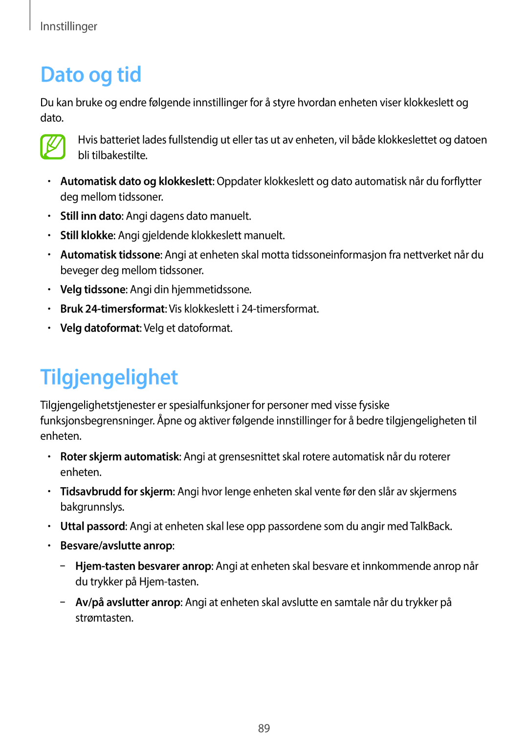 Samsung GT-S7390WRANEE, GT-S7390MKANEE, GT-S7390RWANEE manual Dato og tid, Tilgjengelighet 