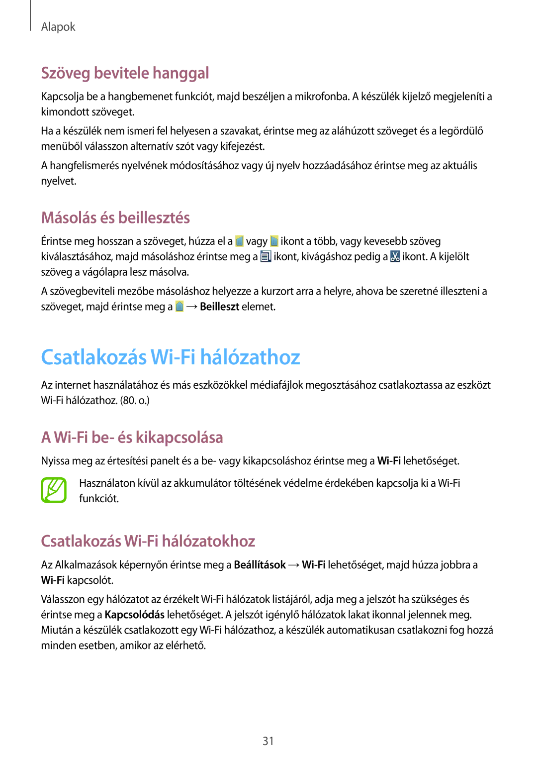 Samsung GT2S7390RWAPAN, GT-S7390MKAXEO manual Csatlakozás Wi-Fi hálózathoz, Szöveg bevitele hanggal, Másolás és beillesztés 