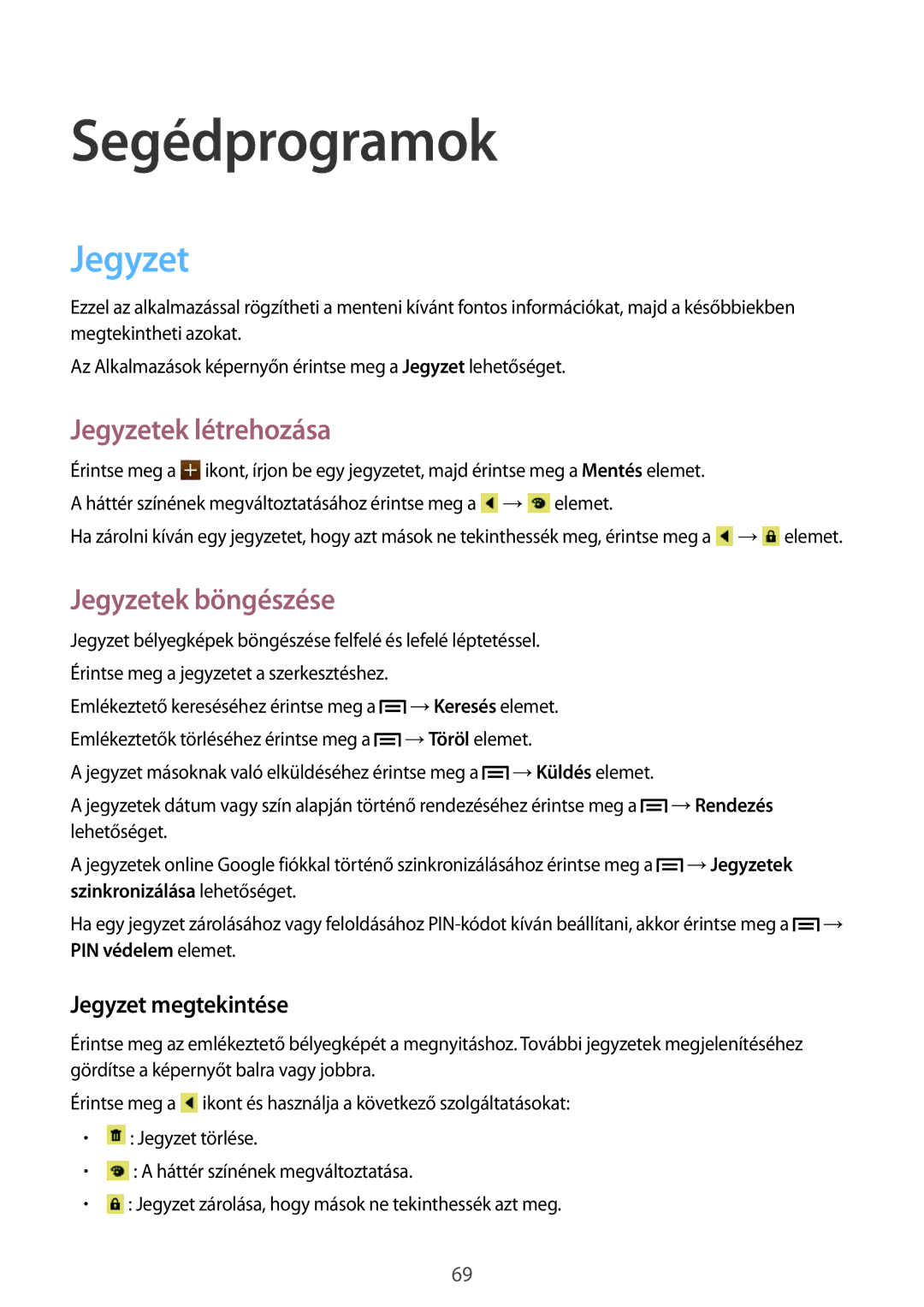 Samsung GT-S7390MKAXEO manual Segédprogramok, Jegyzetek létrehozása, Jegyzetek böngészése, Jegyzet megtekintése 