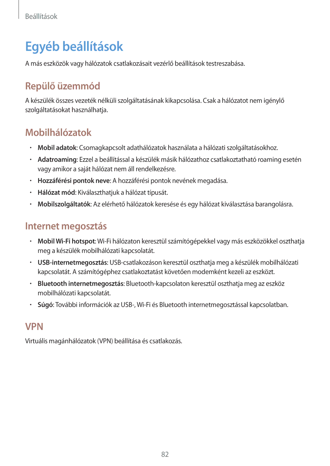 Samsung GT2S7390WRAXEH, GT-S7390MKAXEO manual Egyéb beállítások, Repülő üzemmód, Mobilhálózatok, Internet megosztás 