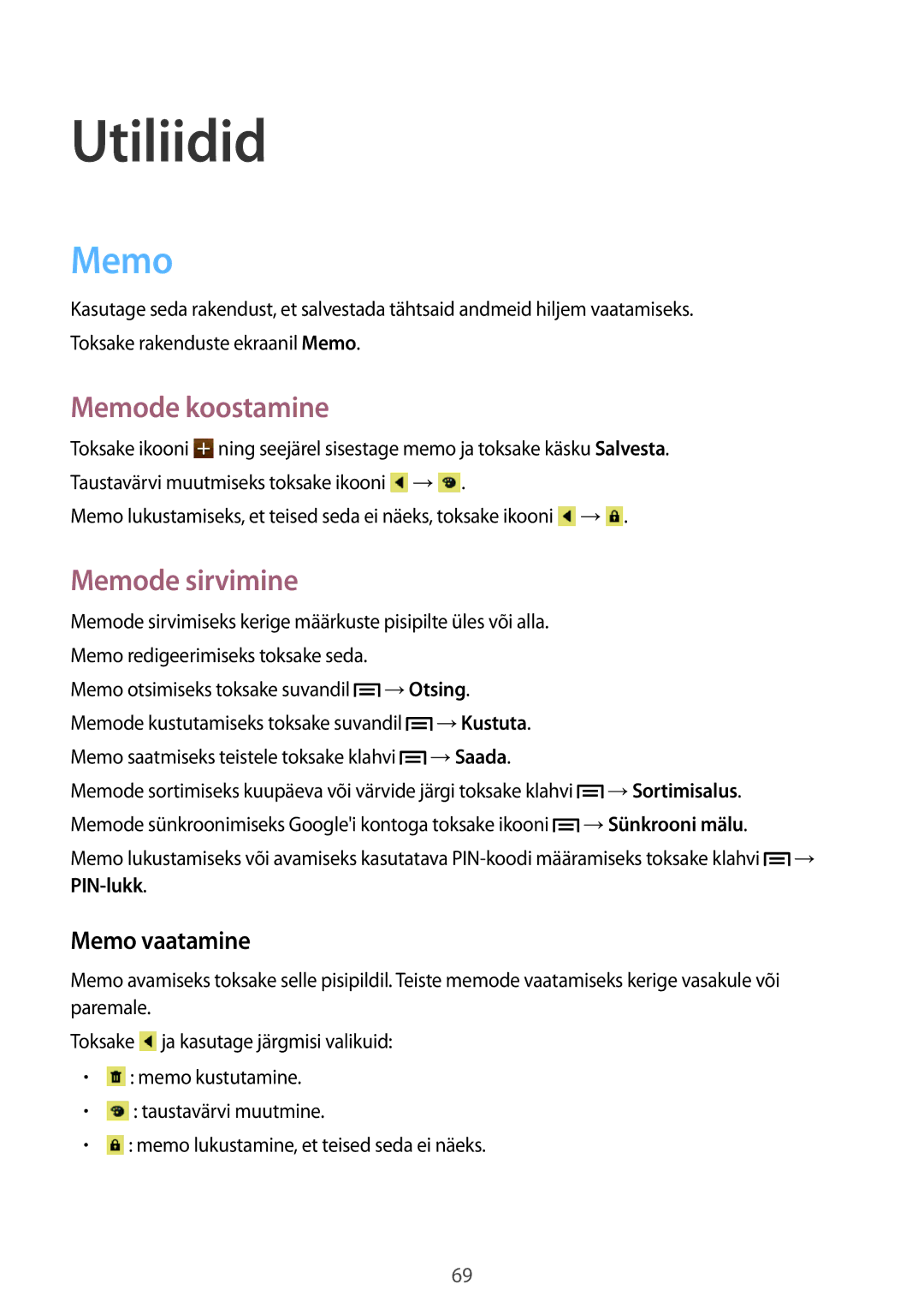 Samsung GT-S7390MKASEB, GT-S7390RWASEB manual Utiliidid, Memode koostamine, Memode sirvimine, Memo vaatamine 