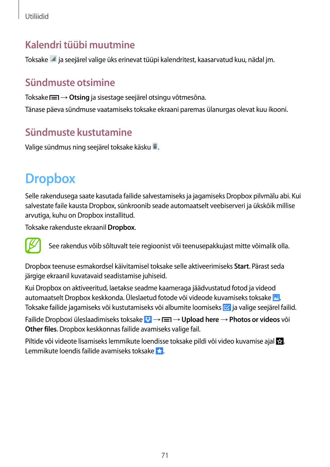 Samsung GT-S7390MKASEB, GT-S7390RWASEB manual Dropbox, Kalendri tüübi muutmine, Sündmuste otsimine, Sündmuste kustutamine 