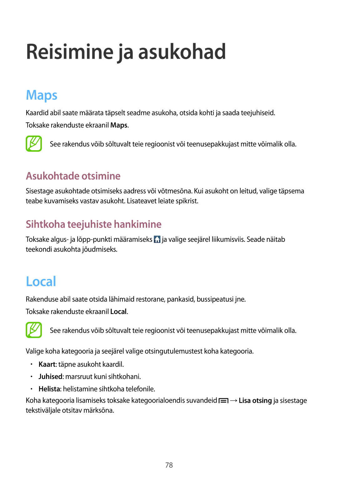 Samsung GT-S7390RWASEB manual Reisimine ja asukohad, Maps, Local, Asukohtade otsimine, Sihtkoha teejuhiste hankimine 