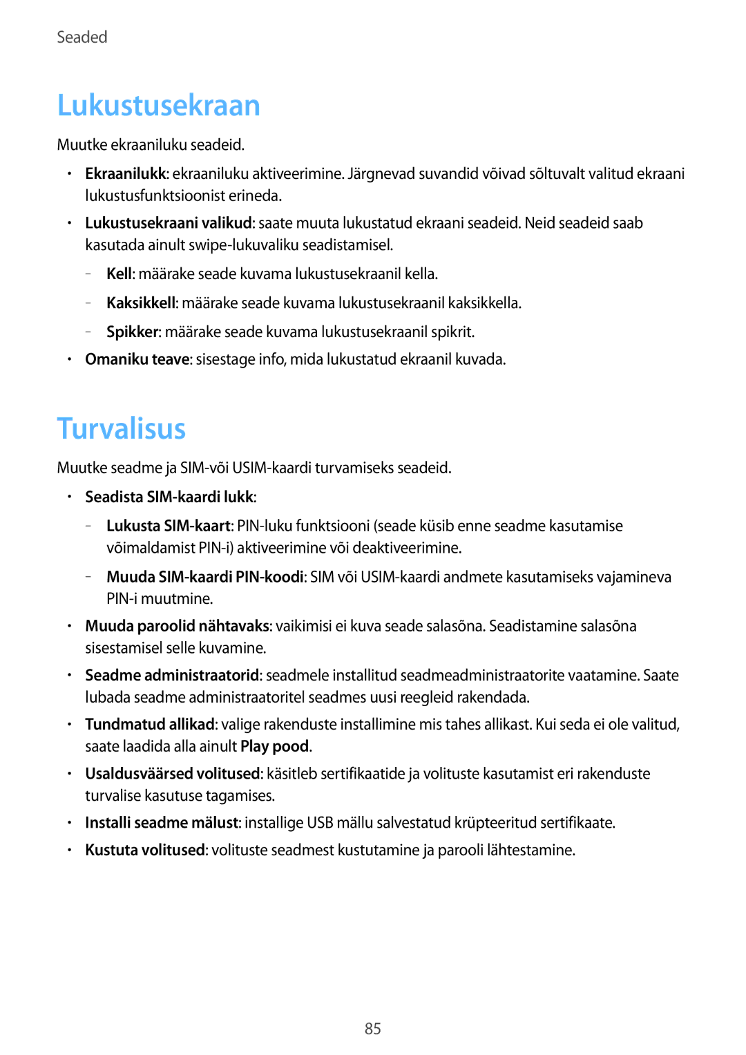 Samsung GT-S7390MKASEB, GT-S7390RWASEB manual Lukustusekraan, Turvalisus, Seadista SIM-kaardi lukk 